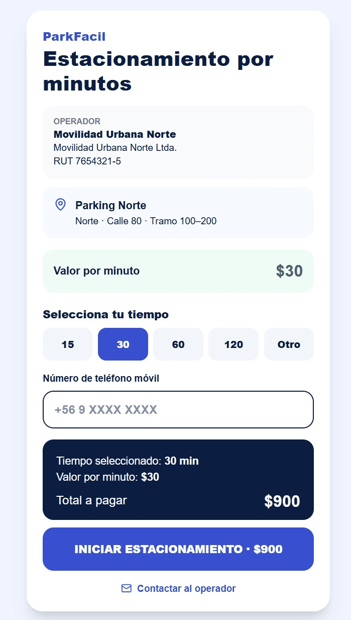 Pantalla de contratación de estacionamiento por minutos en ParkFacil QR On-Street
