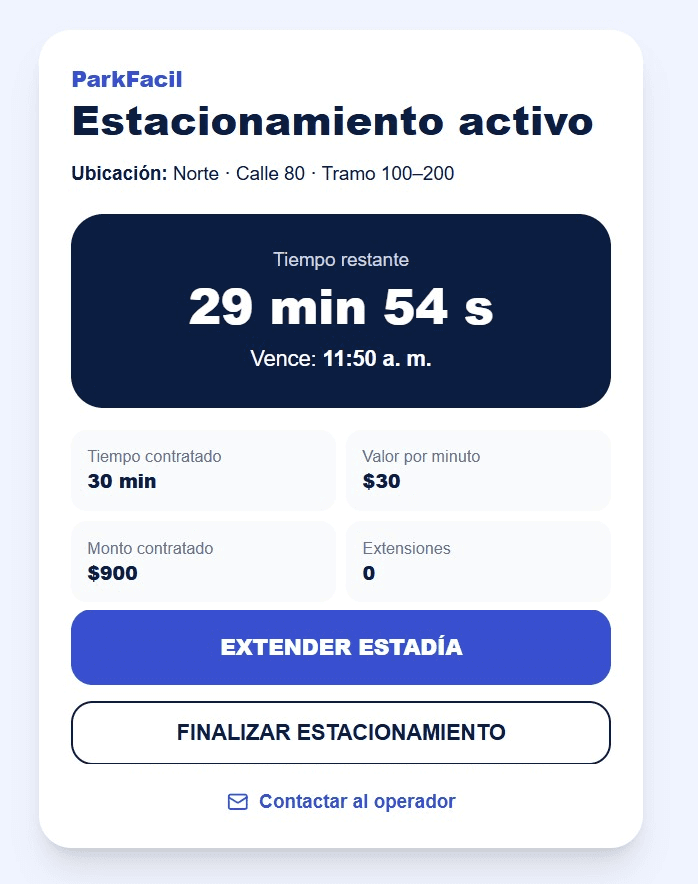 Pantalla de estadía activa en ParkFacil QR On-Street