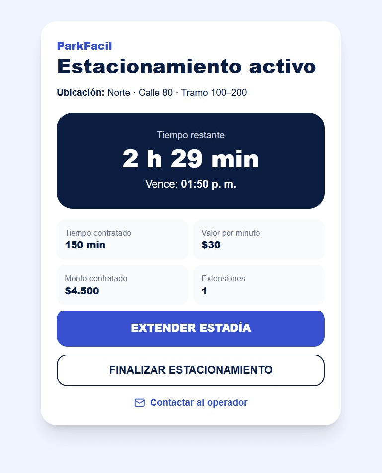 Pantalla de estadía activa luego de una extensión en ParkFacil QR On-Street
